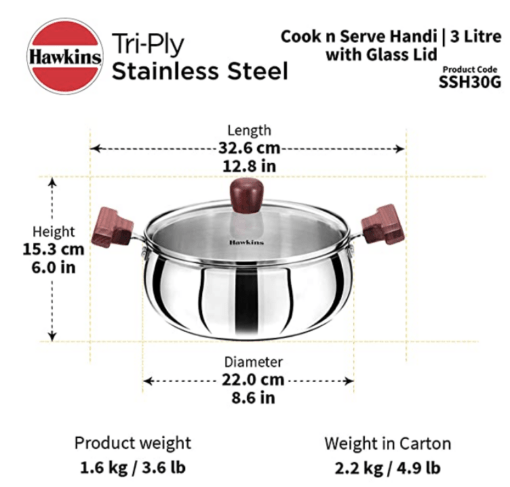 Hawkins 3 Litre Cook n Serve Handi, Triply Stainless Steel Handi with Glass Lid, Induction Sauce Pan, Biryani Handi, Saucepan, Silver (SSH30G) - Image 3